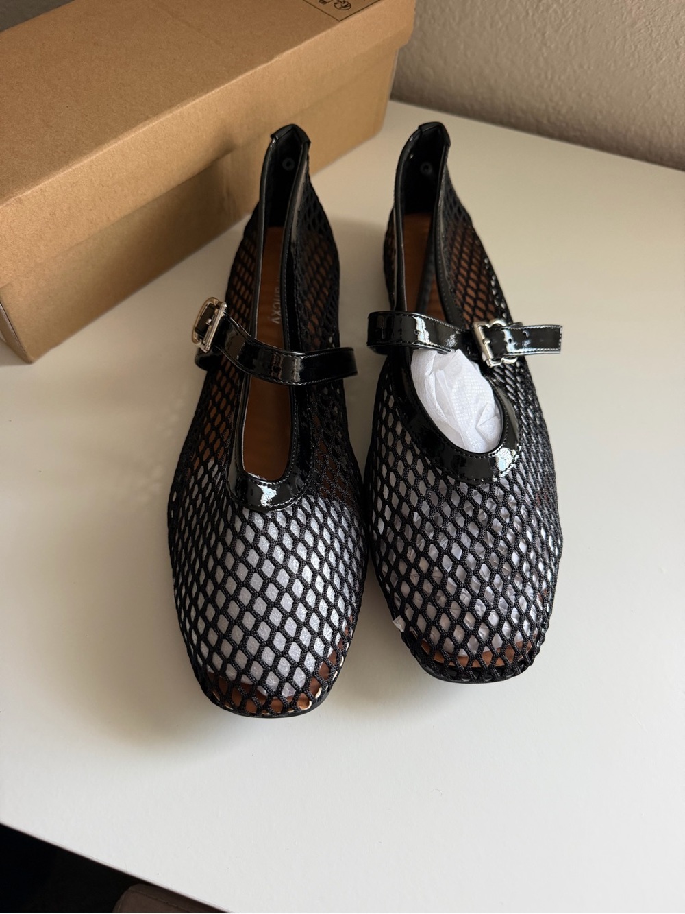 Black Mesh Mary Jane Flats with Patent Trim